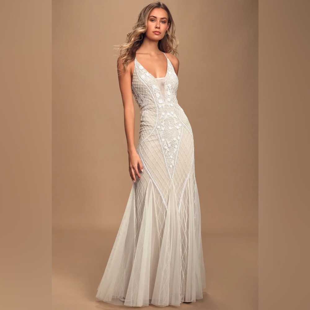 This I Promise You White and Nude Beaded Sequin Maxi Dress from Lulu’s